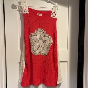 POL Red and Cream Knit Tank with Lace Accents